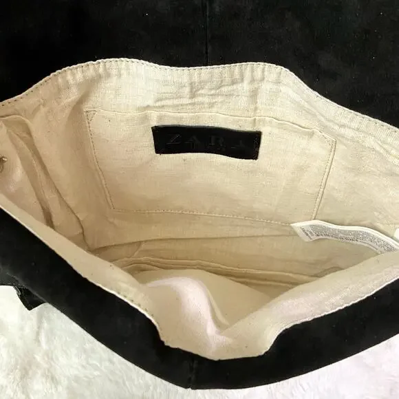 Zara Black Suede Leather Bucket Bag With Chain - Picture 4 of 6